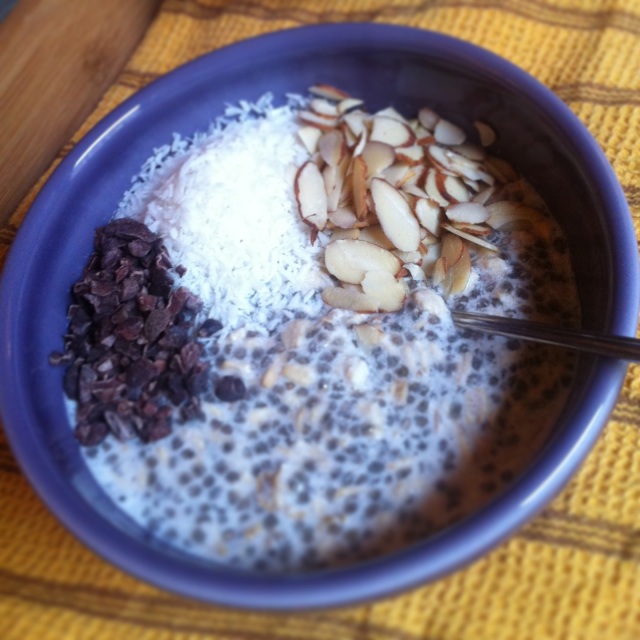 [Leaf Parade. Overnight oats with coconut, almond, and cacao.]