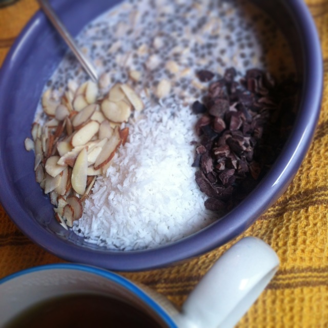 [Leaf Parade. Overnight oats with coconut, almond, and cacao.]