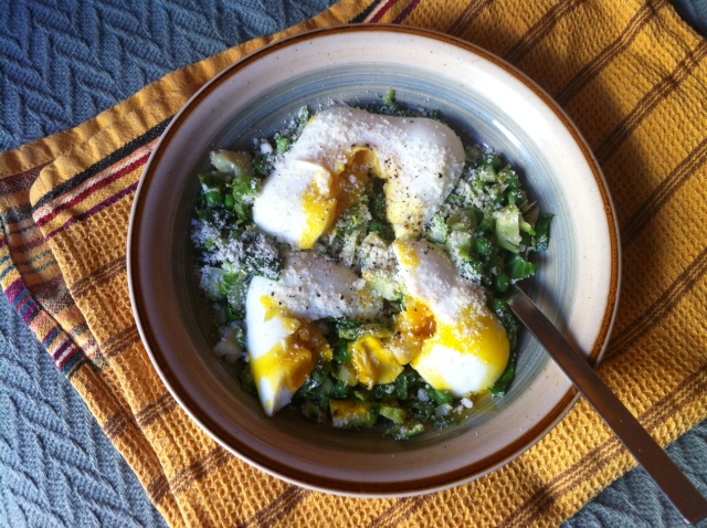 [Leaf Parade. Simple garden hash with poached eggs.]